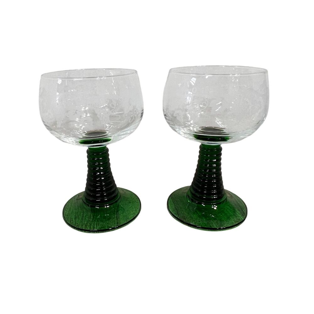 LUMINARC Vintage 1970s Wine Goblets Set of 2 Green Stem Etched Grapes France
